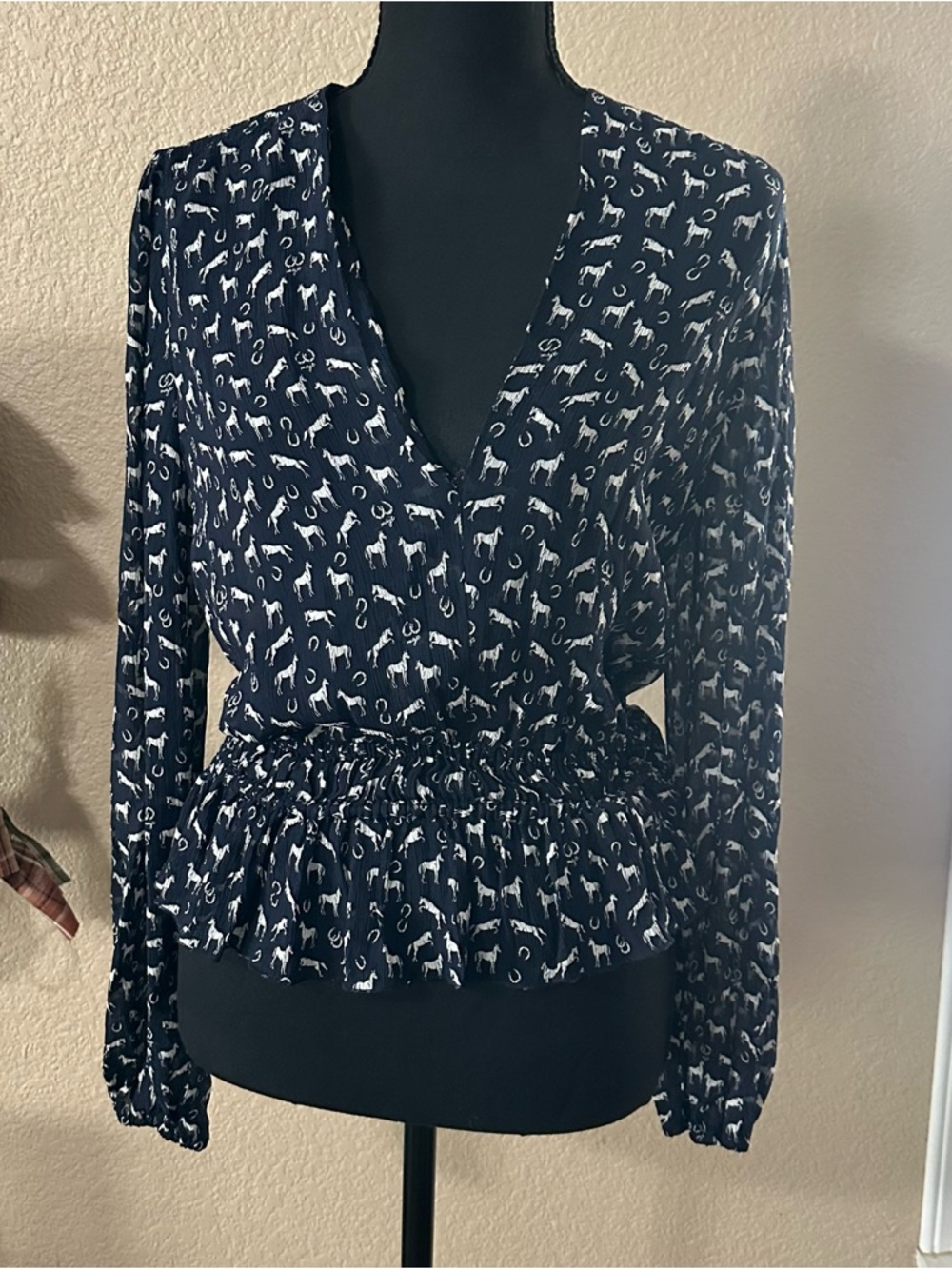Maje navy equestrian women’s sheer blouse long sleeve country western